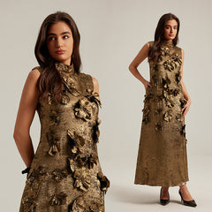 Three dimensional flower splicing sleeveless waist cinched A-line skirt long dress