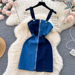Damen Sommer Retro Kontrastfarbe Denim Hosenträger Kleid
