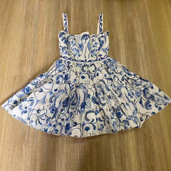 Strapless camisole retro blue print waist cinching short skirt dress