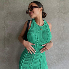 Solid Color Knitted Sleeveless Round Neck Dress Women Outfits Streetwear Clubwear Casual Urban Bodycon Tank Dresses