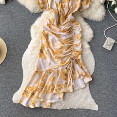 Retro Blumenkleid Damen Sommer Puffärmel Kordelzug Design