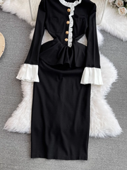 Ausgestelltes, langärmliges, figurbetontes Kleid mit Stehkragen