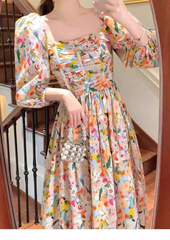 Retro Chic Floral Puff Sleeve Dress Summer