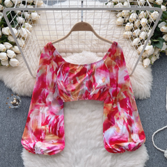 Smudged one-shoulder shirt Women's summer lantern sleeve design short crop top