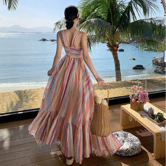 Dopamine Dress Rainbow Stripe Candy Gradient Hanging Neck Tie dye Long Dress