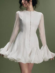 Lotus leaf edge splicing hem short dress women's single breasted lotus leaf sleeve skirt