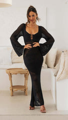 hollow out long sleeved knitted low cut sexy backless dress