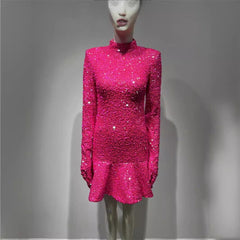 sleeveless sexy backless rose red sequin dress sweet party dinner dress