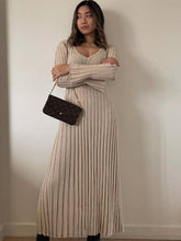 V-neck Women Knitted Maxi Dress Autumn Elegant Ribbed Long Sleeve Bodycon Dress