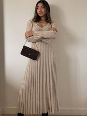 V-neck Women Knitted Maxi Dress Autumn Elegant Ribbed Long Sleeve Bodycon Dress