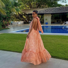 backless hanging neck sleeveless large swing ruffle edge dress