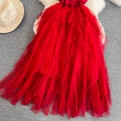 Ärmelloses V-Ausschnitt Spitzennähte A-Linien-Netzkleid elegantes Maxikleid