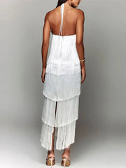 Metallic Color Tassel Halter Long Dress Female Chic Sleeveless Backless Lace Up Slim Vestdios Lady Sexy High Street Robe