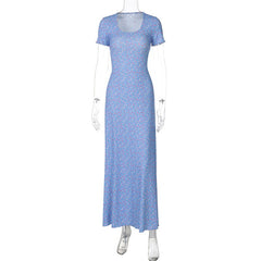 printed U-neck back strap short sleeved dress