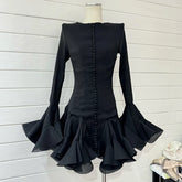 Lotus leaf edge splicing hem short dress women's single breasted lotus leaf sleeve skirt