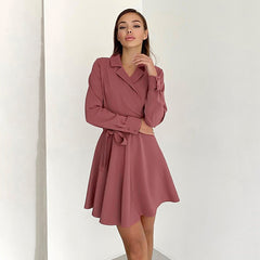 Spring Elegant Suit Collar Long Sleeve Lace up Dress Bowknot High Waist A-line Dress