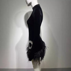 Diamond Feather Skirt Black Shoulder Padded Short Dress Retro Banquet Performance Dress