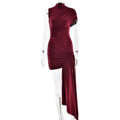 European and American slim fit ribbon dress with round neck pleats irregular hips sleeveless dress
