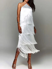 Metallic Color Tassel Halter Long Dress Female Chic Sleeveless Backless Lace Up Slim Vestdios Lady Sexy High Street Robe