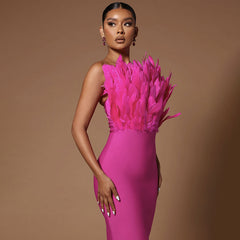 Temperament Sexy Slim Party Dress Women Strapless Off Shoulder Sleeveless Zipper Three Dimensional Feathers Midi dress