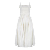 French retro white camisole backless pleated skirt with cinched waist and long style slimming dress