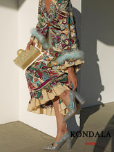 Vintage Flower Print V Neck Loose Long Dress Women Petal Sleeve Ruffles Fashionn Dress Boho Elegant Vestidos