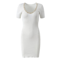 collar heavy industry nail bead commuting slim fit short sleeved dress gentle anti-aging dress