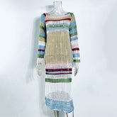 GACVGA Striped Knitted Sexy Long Dress Full Sleeve Hollow Out Casual Women Beach Party Maxi Dress