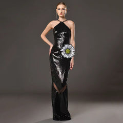 Sunflower Sexy Sleeveless Backless Luxurious Sequined Mesh Splicing Party Long Dress