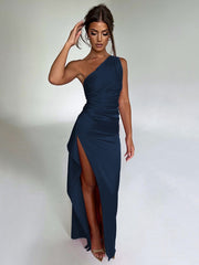 Single shoulder pleated slit sexy satin dress, European and American temperament slim fit solid color long skirt