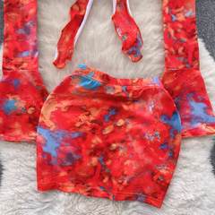 Top con mangas abullonadas y estampado floral, falda de ombligo de sección corta para mujer, traje de dos piezas de verano