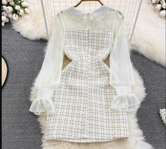 Vestido de tweed con costuras de gasa, manga larga y cintura en forma de A