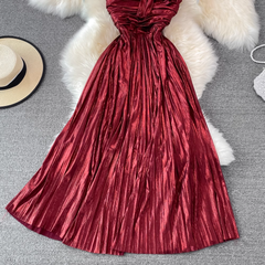 Metallic Neckholder Bandeau Off-Shoulder Plissee Kleid