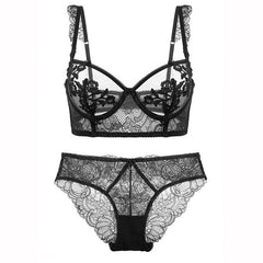 Ultradünnes transparentes Dessous-Set mit Blumenstickerei