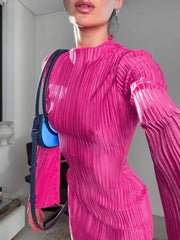 O-neck Flare Sleeve Slim Short Party Dresses Streetwear Rose Red Pink Bodycon Mini Office Work Pleated Dress