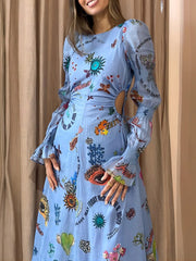 Spring Women Hollow Out Party Dress Printing Loungewear O-Neck Long Lantern Sleeve Loose Ladies Maxi Dress Streetwear