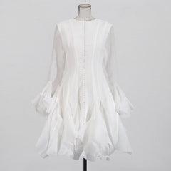 Round neck splicing ruffled mid-length skirt trumpet sleeve mid-length dress
