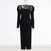 temperament square collar design with pleats and twists, solid color dress, long skirt, women's clothing