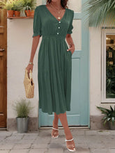 Perfee Ruched V-Neck Half Sleeve Midi Dress