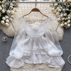 Camisa de manga abullonada Top elegante de gasa con estampado floral tridimensional para mujer