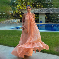 backless hanging neck sleeveless large swing ruffle edge dress