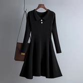 Long Sleeved High Waisted Short Knitted Dress Women Solid High Collar Sweater A-line Dresses Autumn Chic Female Street