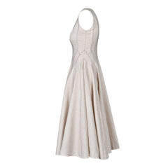French high-end three-dimensional voluminous waist cinched long skirt with striped temperament slimming sleeveless dress