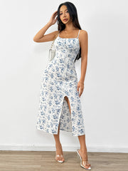 European and American fresh style camisole floral dress, high waisted pullover A-line mid length skirt