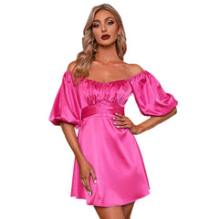 Puff Sleeve Wrap Chest One Shoulder Dress Sexy Package Hip Mini Dress Skirt