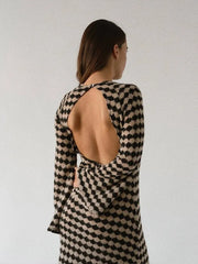 Print Knitted Dress Woman Autumn Backless Long Sleeve Sexy Midi Dresses Contrast Vacation Hallow Out Robe
