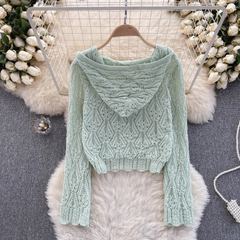Women's hollow crochet long sleeve knitted hooded shirt