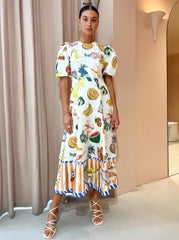 Short Sleeve Vintage Print Maxi Dress Casual Round Neck Puff Sleeve Loose Women Long Dress Slim Fit Elegant Robe