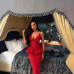 Red V-neck ruffle hem backless waist cinched evening dress socialite long dress