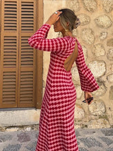 Print Knitted Dress Woman Autumn Backless Long Sleeve Sexy Midi Dresses Contrast Vacation Hallow Out Robe